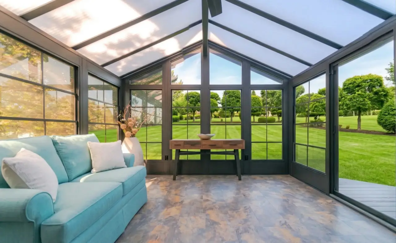 Interior of a 3-season sunroom with black vinyl frames, a blue sofa, and large windows overlooking a green yard.