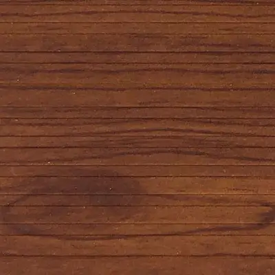 Close-up texture of ribbed, wood-grain Sunspace AlumaDeck material in a rich brown Cedar finish.