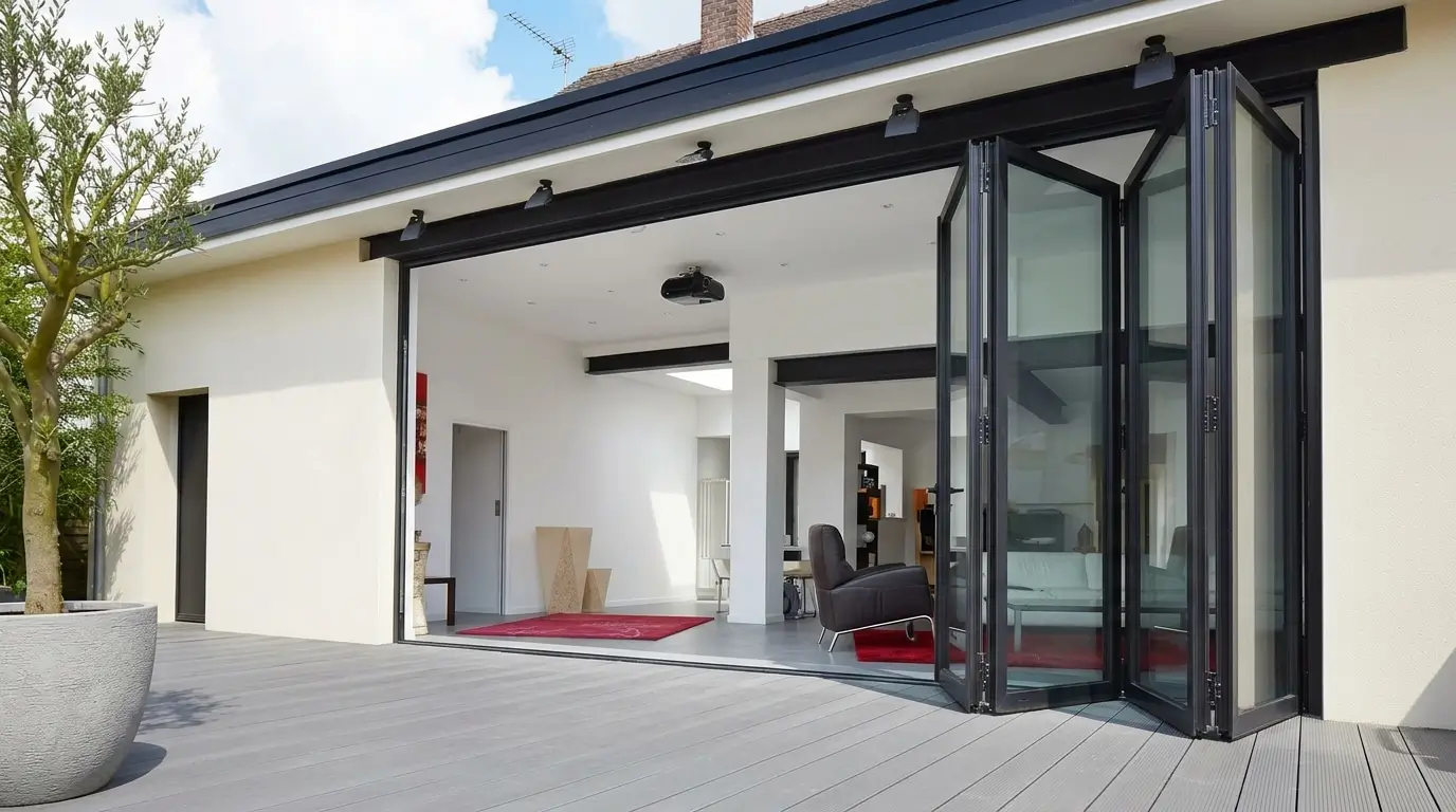 Exterior view of black-framed WeatherMaster™ Plus Bi-Fold Doors partially stacked open, connecting a modern white interior to a grey wood deck.