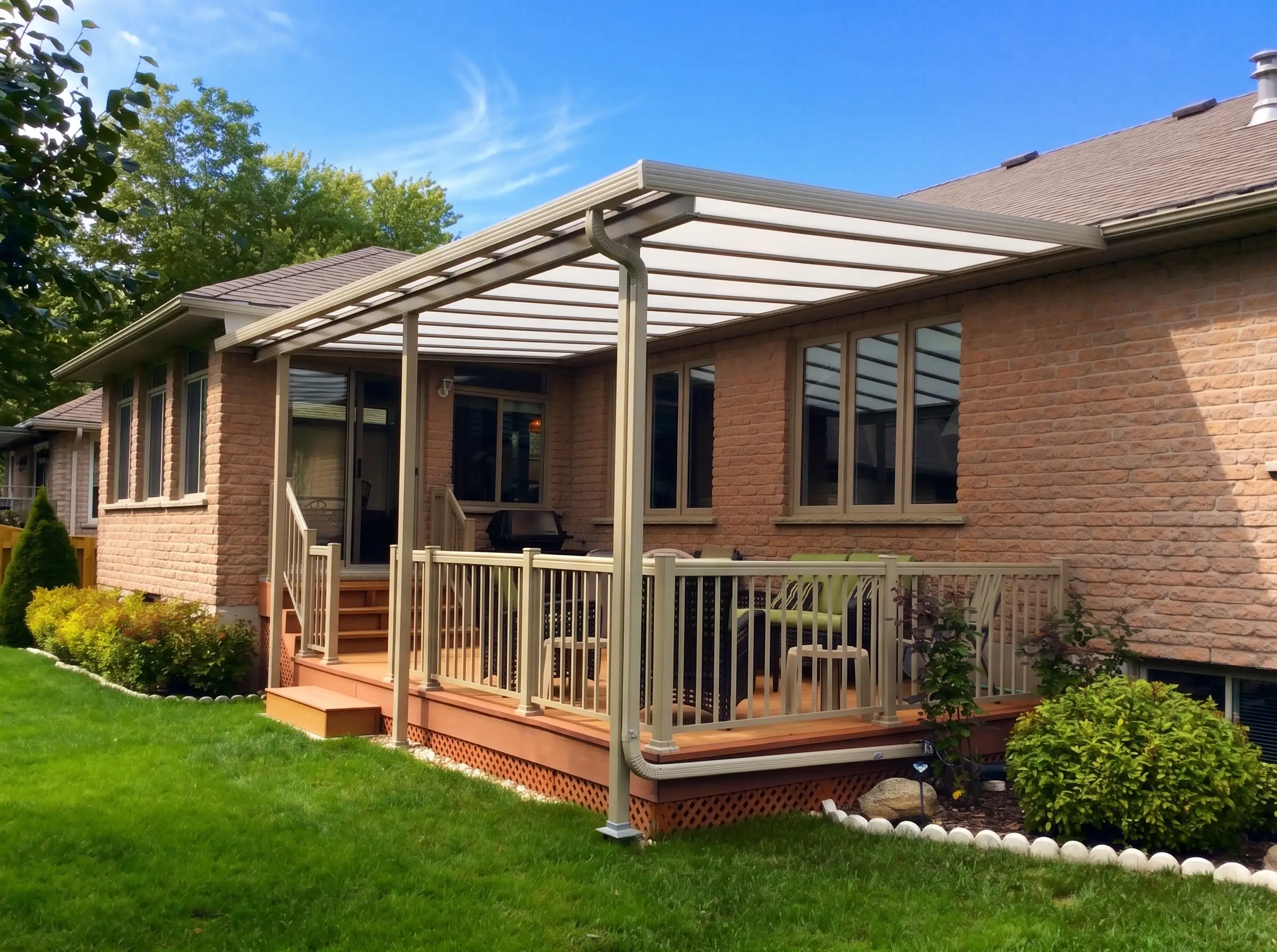 A wooden deck with a Sunspace translucent acrylic patio cover, tan aluminum support posts, and matching railings on a brick house.