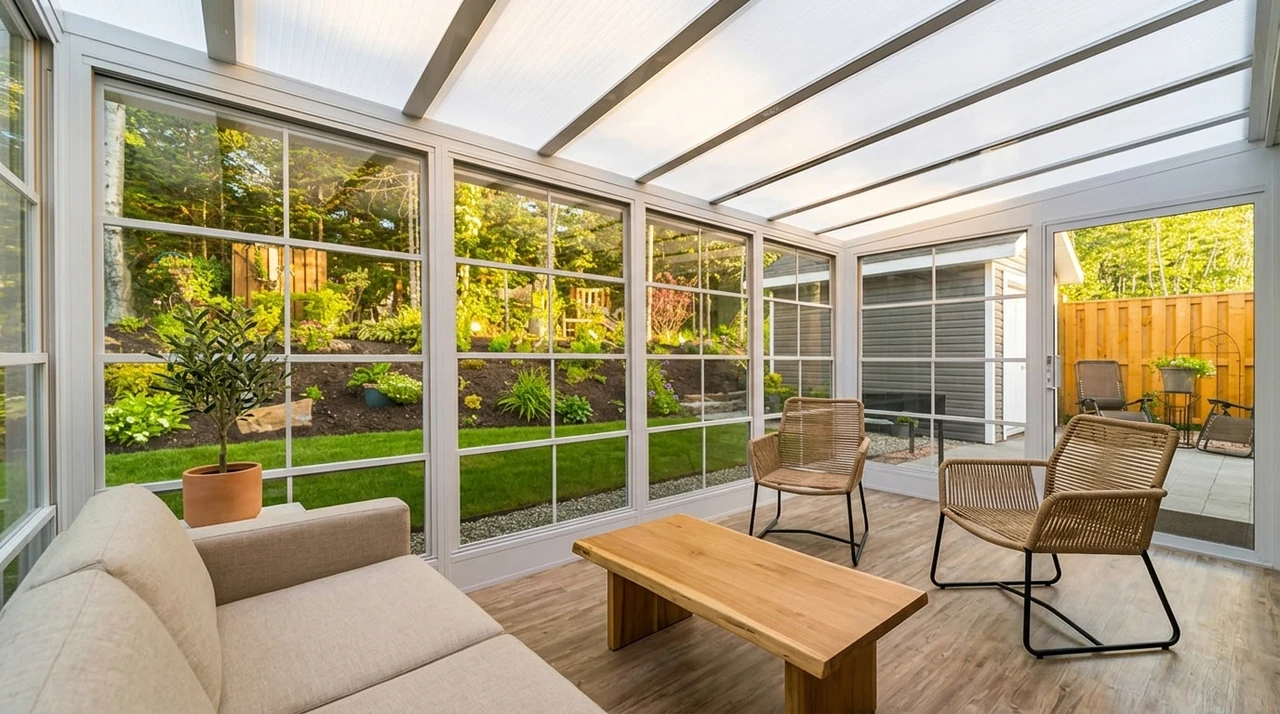 Interior of a bright vinyl sunroom with large windows, a translucent roof, and modern furniture overlooking a green garden.