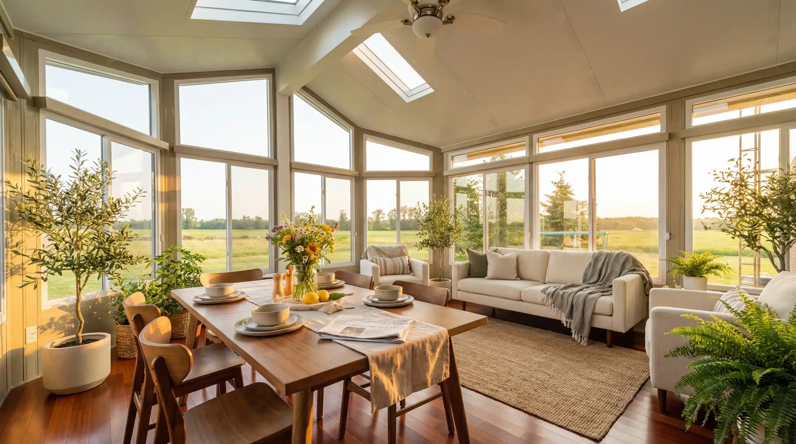 Interior of an insulated sunroom with a vaulted ceiling, skylights, floor-to-ceiling glass windows, and a dining and lounge area.